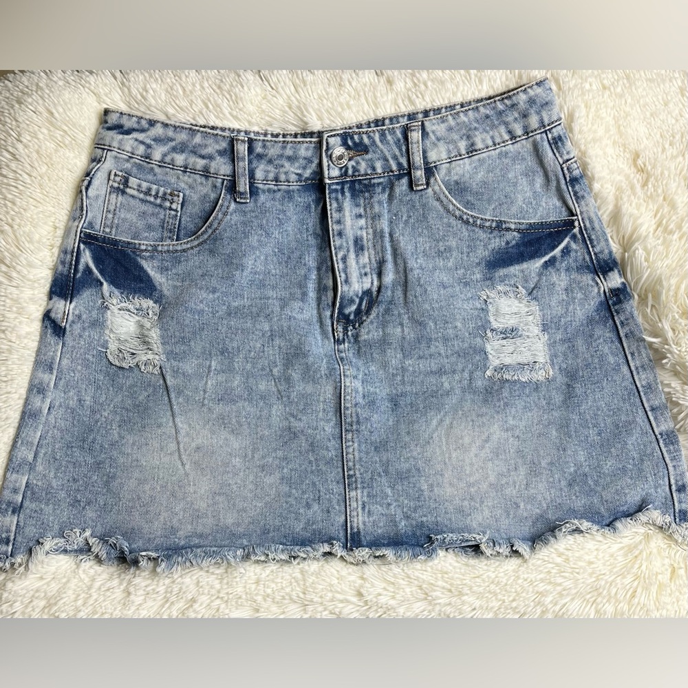 Denim Distressed Mini Skirt